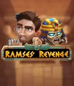 Dive into the mysterious world of the Ramses' Revenge game by Relax Gaming, featuring a surprised explorer and a fierce mummy set against an Egyptian tomb backdrop. This graphic captures the drama of tomb exploration, great for those interested in historical adventures, delivering a gripping escape. 